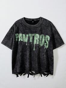 PAVTROS 冰雪雪花水洗工艺，做旧效果，不规则下摆，宽松版型，男士英文店名T恤，春夏皆宜，夏季，度假，复古，外出，派对，节日，送男友礼物，街头风，运动 - 黑色 - 查看 1