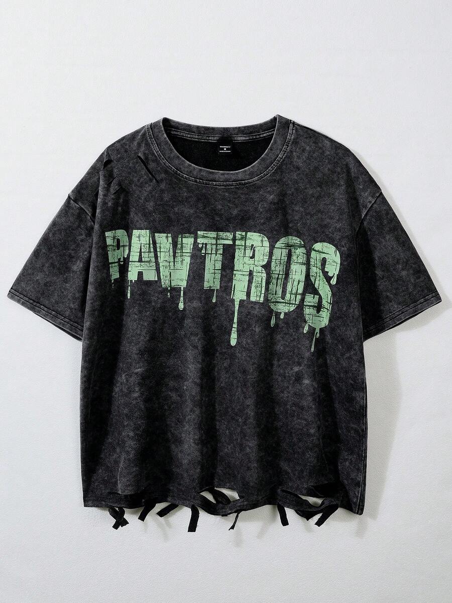 PAVTROS 冰雪雪花水洗工艺，做旧效果，不规则下摆，宽松版型，男士英文店名T恤，春夏皆宜，夏季，度假，复古，外出，派对，节日，送男友礼物，街头风，运动 - 黑色 - 查看 1