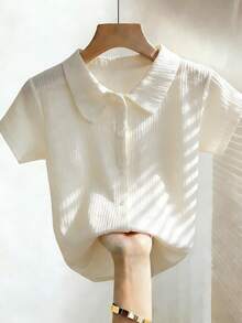 Franclia Women's Elegant Knit Textured Striped Collar Blouse, Versatile Everyday Wear - Apricot - View 1