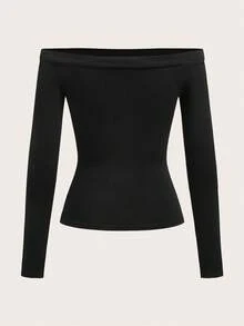 SHEIN BASICS Women's Casual Sports Yoga Fitness Tight Fitting Black Off-Shoulder Long Sleeve Compression T-Shirt - Black - View 2