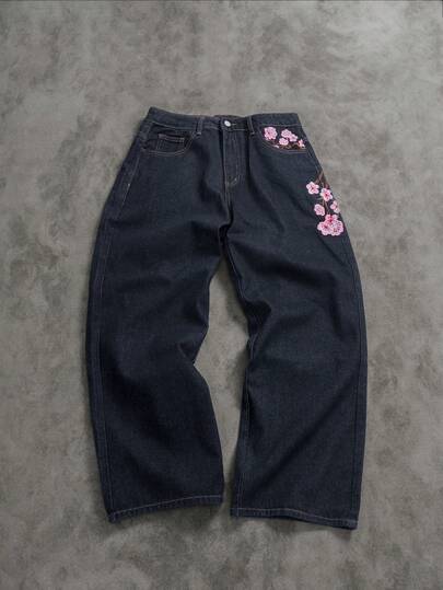 Manfinity ZONE917 Men's Street Fashion Casual Plaid Embroidered Floral Design Straight Leg Wide Leg Jeans Baggy Jeans With Design Valentine's Day