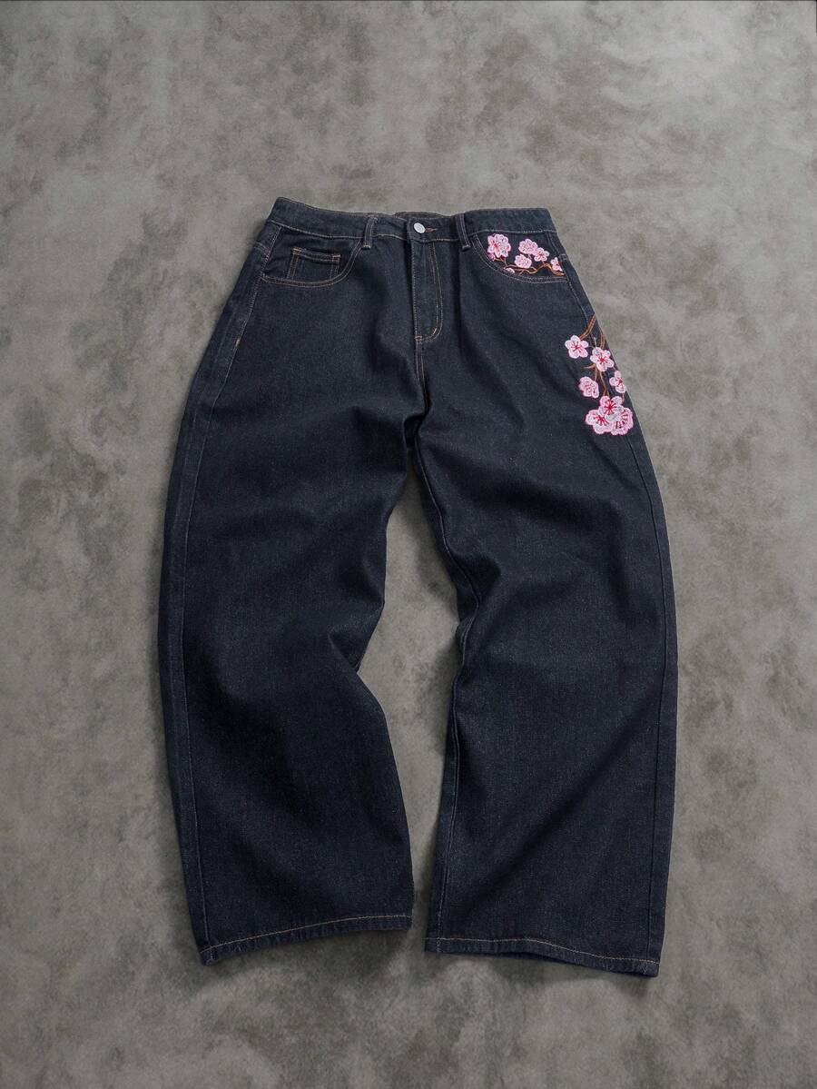 Manfinity ZONE917 Quần jean ống đứng ống rộng họa tiết kẻ caro thêu hoa thời trang đường phố dành cho nam - màu đen - Xem 1