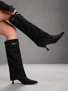 CUCCOO SZL Women's Pointed Toe Buckle Design Fashion High Heel Over-The-Knee Boots Valentine's Day - Black - View 10