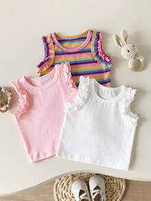 SHEIN Playful Pals 3件套女婴休闲上衣，包括纯粉色、杏色和条纹荷叶边袖背心，舒适亲肤，适合居家、度假或日常穿着。 - 彩色 - 查看 9