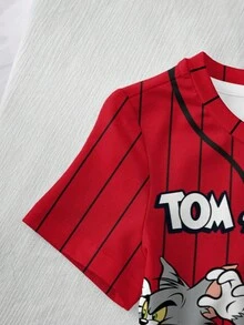 TOM & JERRY X SHEIN Baby Boy Casual Colorblock Striped Cartoon Pattern Round Neck Short Sleeve Top, Summer - White - View 5
