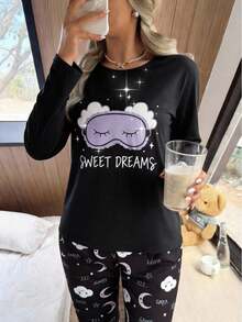 Genkimix Kids Girls Minimalist Fuchsia Eyelash Print Long Sleeve Top And Pants 2 Pieces Pajama Set - Black - View 4