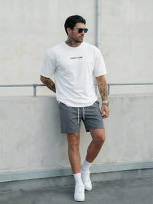 GENTILAND 男士标语印花圆领短袖休闲T恤和抽绳腰短裤套装 - 彩色 - 查看 6