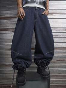 AXEPEAK Men's Casual Fashion Street Spider Letter Embroidery Loose Flared Jeans - Blue - View 2