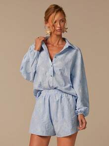 COSMINA 女士灯笼袖刺绣蓝色衬衫和短裤两件套，带口袋，休闲度假波西米亚风套装 - 淺藍色 - 查看 4