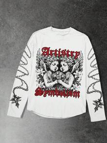 GENIUS ODE 街头风暗黑天使印花长袖T恤，宽松圆领男士图案T恤 - 白色 - 查看 5