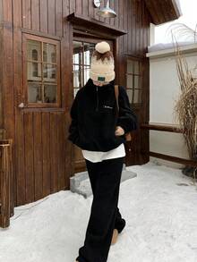 女士羊羔绒卫衣和休闲裤两件套，秋冬家居服套装 - 黑色 - 查看 4
