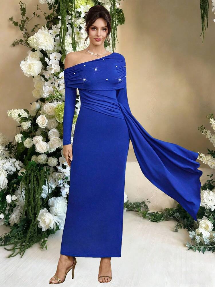 shein royal blue dress long SHEIN Belle Women's Elegant Royal Blue Chiffon Bridesmaids Dress,Spring  Modest V-Neck Hollow Front Flared Long Sleeve Formal Party Wedding Dress