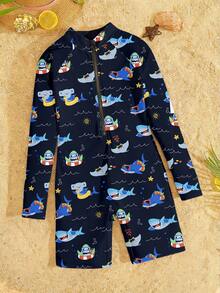 SHEIN 男童休闲印花修身连体泳衣 - 藍色 - 查看 2