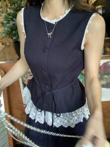 DAZY Women's Lace Patchwork Crew Neck Sleeveless Top And Skirt Casual 2-Piece Set - Navy Blue - View 1