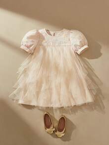SHEIN 女童纯色圆领泡泡袖A字网纱连衣裙，适合日常外出、居家休闲、参加派对和晚宴；刺绣爱心亮片泡泡袖纯色浅杏色公主裙；香槟色童装；象牙色童装；象牙色女童连衣裙；奶油色女童连衣裙；女童泡泡袖连衣裙；象牙色女童连衣裙 - 杏色 - 查看 8