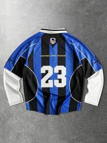 ROMWE MEN Spring Casual Graphic Men'S Casual Numeric Striped Print Polo Shirt, Sports Style - Blue - View 2