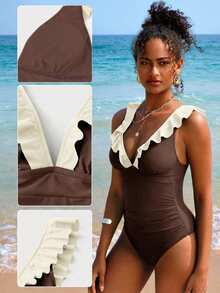 Swim Vcay Áo tắm liền thân gợi cảm hở lưng, buộc dây phía trước dành cho nữ, thiết kế xếp nếp phối màu, thích hợp cho bãi biển và kỳ nghỉ. - Màu be - Xem 6