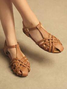 Rosivie 25 Spring/Summer New Brown Closed Toe Woven Hollow Retro Design Flat Women Shoes - Brown - View 5