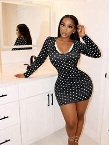 BamGleam Đầm ngắn ôm sát tay dài, cổ chữ V, viền ren, họa tiết chấm bi vintage mới mùa xuân dành cho nữ. - Đen và trắng - Xem 1