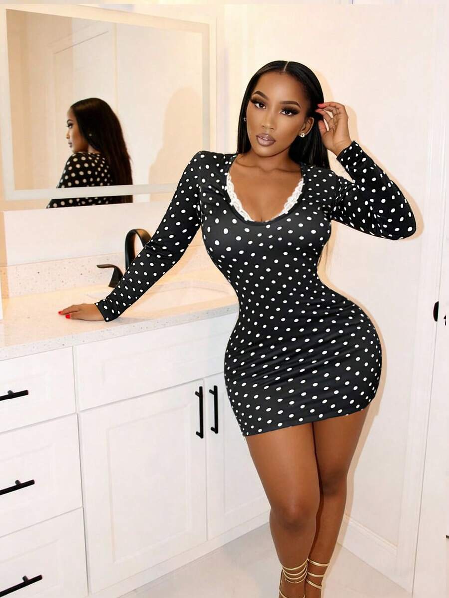 BamGleam Đầm ngắn ôm sát tay dài, cổ chữ V, viền ren, họa tiết chấm bi vintage mới mùa xuân dành cho nữ. - Đen và trắng - Xem 1