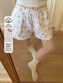 DAZY Cute Cartoon Bear & Fruit Print Textured Fabric Short Women Pajama Bottoms - White - View 4