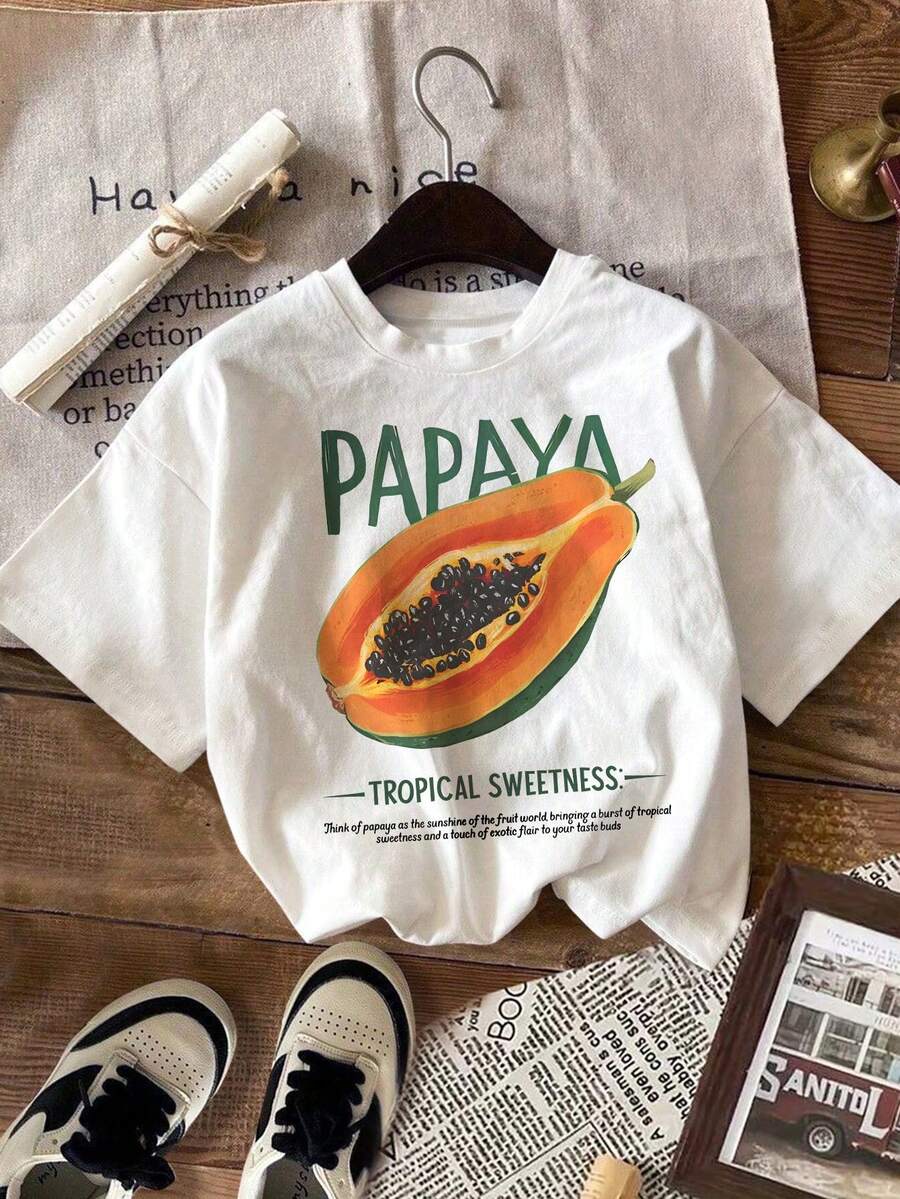 SHEIN LUNE 时尚木瓜热带甜美T恤，美观水果T恤，复古本地农贸市场水果图案 - 白色 - 查看 1