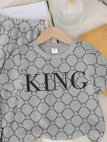 男童新款休闲复古花卉英文字母“King”运动风复古美式撞色舒适宽松圆领短袖T恤和裤子套装 - 彩色 - 查看 5