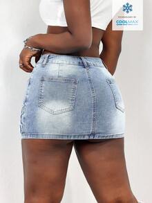 Slaydiva Rok Denim Ombre Wanita dengan Kantong Miring, Modis dan Kasual - Biru - View 2