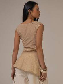 MUSERA Ribbed Boat Neck Sleeveless Wrap Around Buckle Tie Asymmetric Hem Mini Dress Spring Summer Cute Cosy Cottage Core Spring Dew - Khaki - View 4