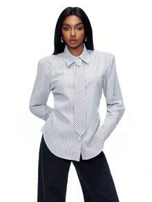 TypaGal 女士撞色条纹长袖衬衫 - 黑與白 - 查看 1