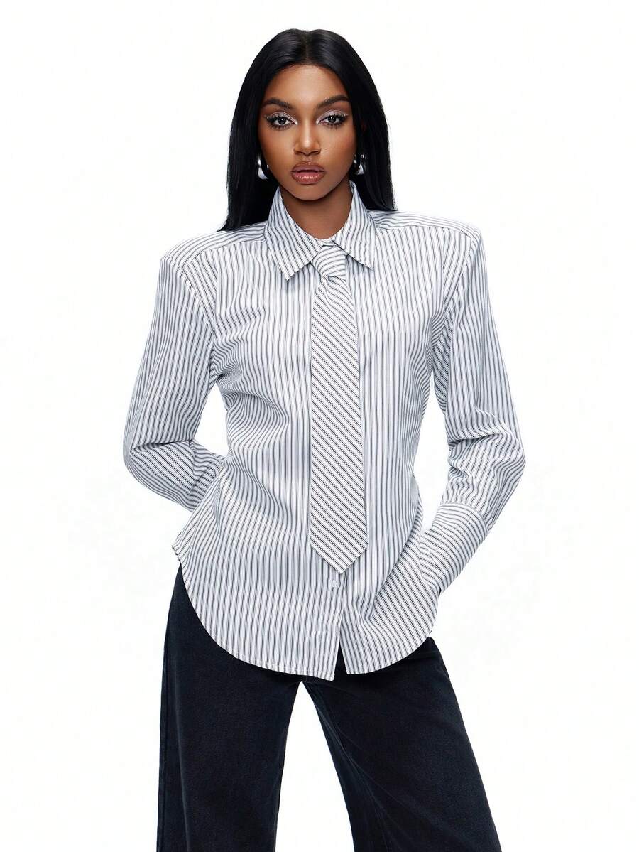 TypaGal 女士撞色条纹长袖衬衫 - 黑與白 - 查看 1