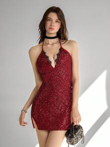 Ardnt Vestido elegante con escote en V, diseño de encaje, cuentas brillantes y cuello halter, color rojo festivo, versátil para fiestas navideñas - Burdeos - Ver 3