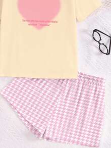 Cream Cake Color Scheme, Cream Yellow & Cream Pink Plaid, Pink Ombre Heart Print, Teen Girl Casual Loose Minimalist Round Neck Short Sleeve Top T-Shirt And Shorts Loungewear, Suitable For Spring/Summer Daily, Home, Outing, Vacation, Effortless Chic, Laid-Back Style, Relaxed Chic, Chill Vibe Outfits - Multicolor - View 5