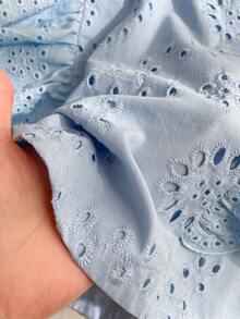 SHEIN Elladie kids Áo kiểu nữ màu xanh dương thêu họa tiết, cổ và vạt áo xếp ly, phong cách đồng quê thanh lịch, thích hợp cho dạo phố và đi làm. - Màu xanh lam - Xem 7