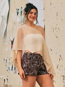 Freevana 大码波西米亚风香槟金亮片雪纺不对称领披肩，亮片薄纱罩衫，优雅派对/度假配饰，音乐节上衣 - 香檳色 - 查看 4