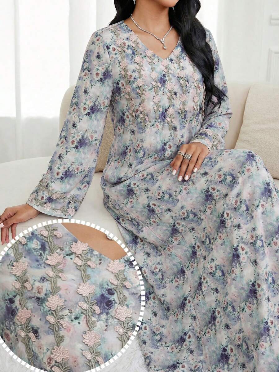 Yasmyna Vestido árabe de manga larga con cuello en V y estampado floral suelto para mujer - Multicolor - Ver 1