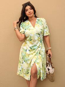 Elaquor Vestido casual de manga corta con botones y estampado floral para mujer de talla grande - Multicolor - Ver 2