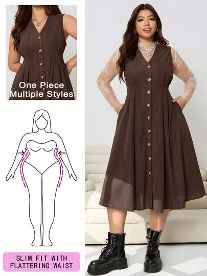Solflare Plus Size Women Chocolate Brown Corduroy Waist Pleated Sleeveless Dress, Autumn/Winter