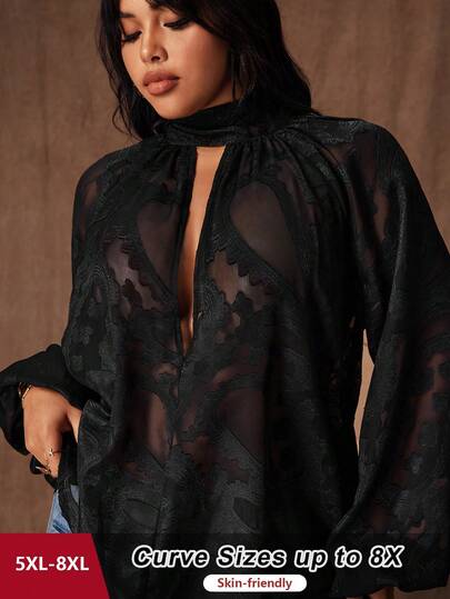 SHEIN CURVE+ Plus Size V-Neck Bow Tie Jacquard Semi-Sheer Elegant Vintage Casual Cute Party Blouse