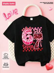 Áo thun ngắn màu đen cơ bản dành cho bé gái tuổi teen, phong cách thường ngày, sáng tạo, cá tính, tươi mới, thanh lịch, tối giản với nơ bóng, họa tiết hoa, số 67, kẻ caro bóng, ngôi sao, nơ và trái tim, thoải mái khi mặc hàng ngày, thích hợp cho mùa xuân/hè/thu. - màu đen - Xem 3