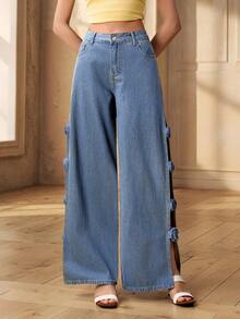 Selenza 女士休闲时尚性感度假风3D花卉镂空宽松阔腿牛仔裤 - 藍色 - 查看 3