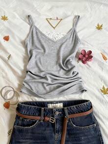 Glimmora Áo hai dây nữ phối ren, kiểu dáng thường ngày, đa năng, phù hợp cho các buổi hẹn hò và đi chơi. - Xám - Xem 1