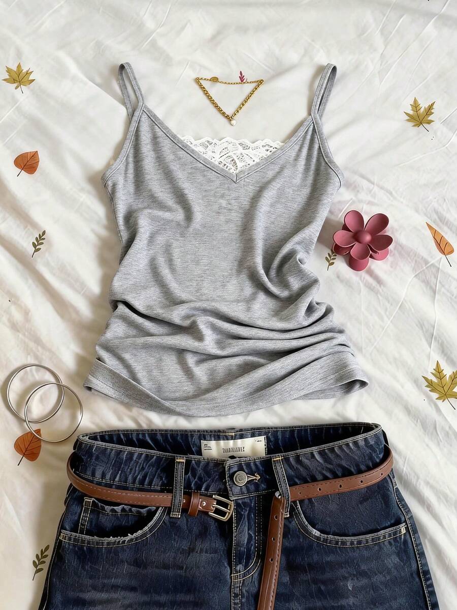 Glimmora Áo hai dây nữ phối ren, kiểu dáng thường ngày, đa năng, phù hợp cho các buổi hẹn hò và đi chơi. - Xám - Xem 1