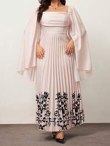 Hourglow Große Größen Elegantes Kleid für Damen mit Blume Muster, quadratischem Ausschnitt, Rüschensaum und Schlitzärmeln - Aprikosenfarben - Übersicht 3