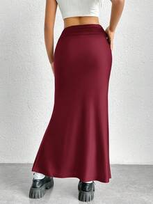 SHEIN EZwear 酒红色亮面针织美人鱼裙 - 酒紅色 - 查看 2