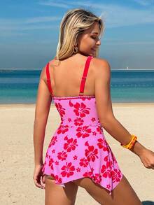 Swim Vcay 女士夏季沙滩度假印花荷叶边修身吊带睡裙 - 玫紅色 - 查看 2