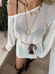 DAZY Women's Sexy Beach Vacation Style Solid Color Semi-Sheer Asymmetrical Neck Loose T-Shirt With Tassel Belt, Spring/Summer Cover Ups For Swimwear - White - View 1