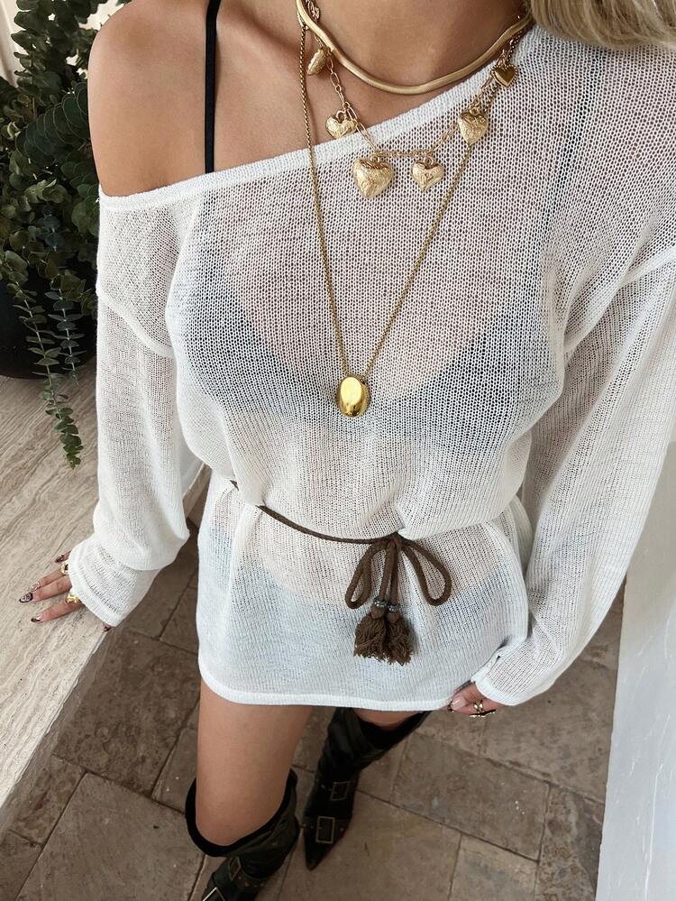 Women's Sexy Beach Vacation Style Solid Color Semi-Sheer Asymmetrical Neck Loose T-Shirt With Tassel Belt, Spring/Summer