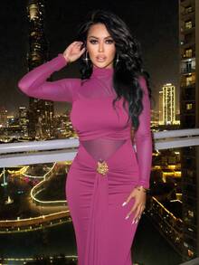 BamGleam 女士优雅派对/约会纯色高领薄纱金属花卉装饰修身连衣裙，春夏秋季 - 玫紅色 - 查看 3