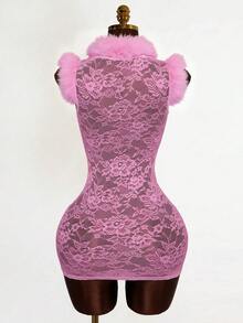 Mistrie Ärmlös sexig miniklänning i spets och mesh för kvinnor - Rosa - Visa 2